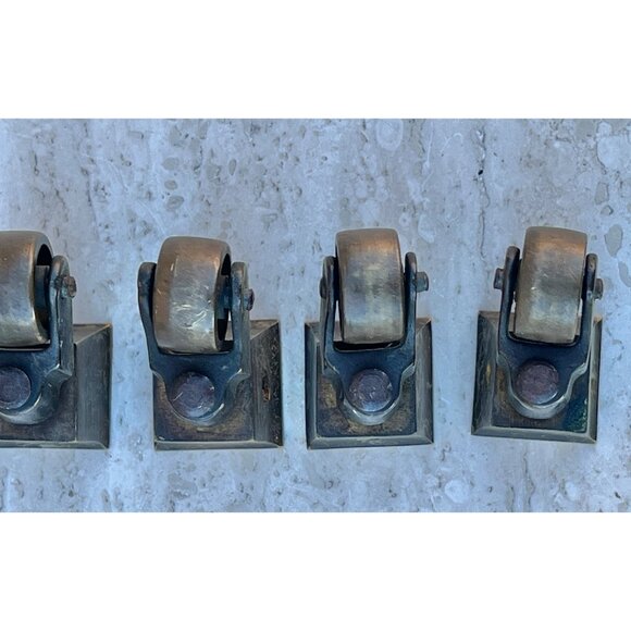Set Of 4 Vintage Brass Furniture Caster Wheels Tapered Square Socket Mount - Picture 10 of 10